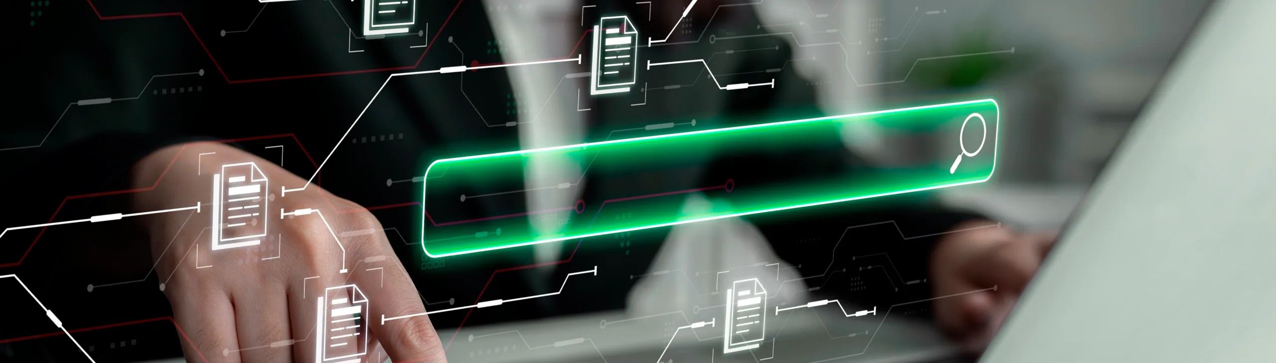 Interface digital exibe uma barra de pesquisa verde iluminada e ícones de arquivos, representando a eficiência da busca avançada.