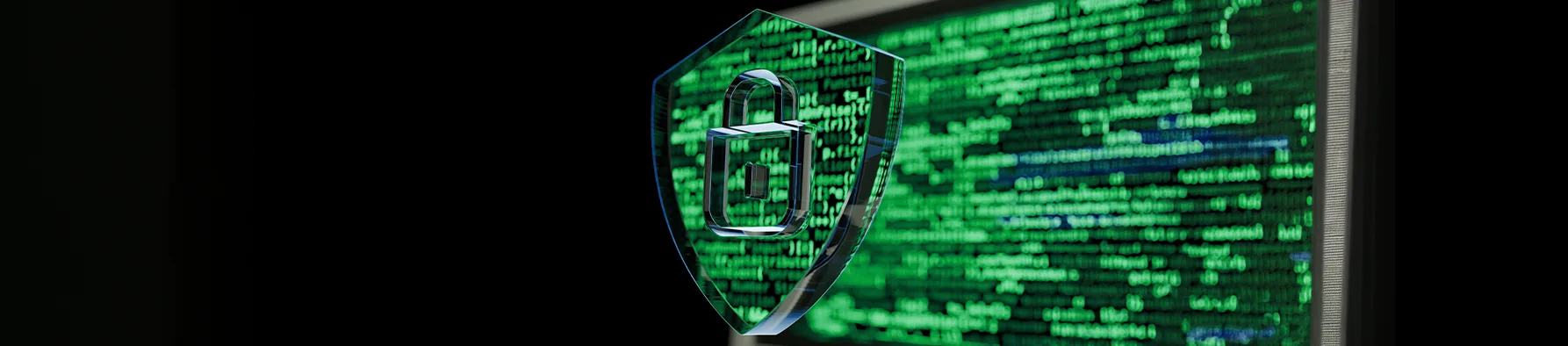 Um escudo de vidro com um cadeado flutua diante de uma tela com códigos verdes, simbolizando a segurança de contratos digitais em ambiente online.