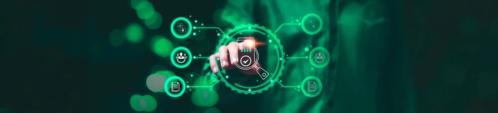Mão de uma pessoa toca uma interface holográfica verde com ícones de validação e engrenagens, simbolizando a eficiência na formalização digital de documentos.